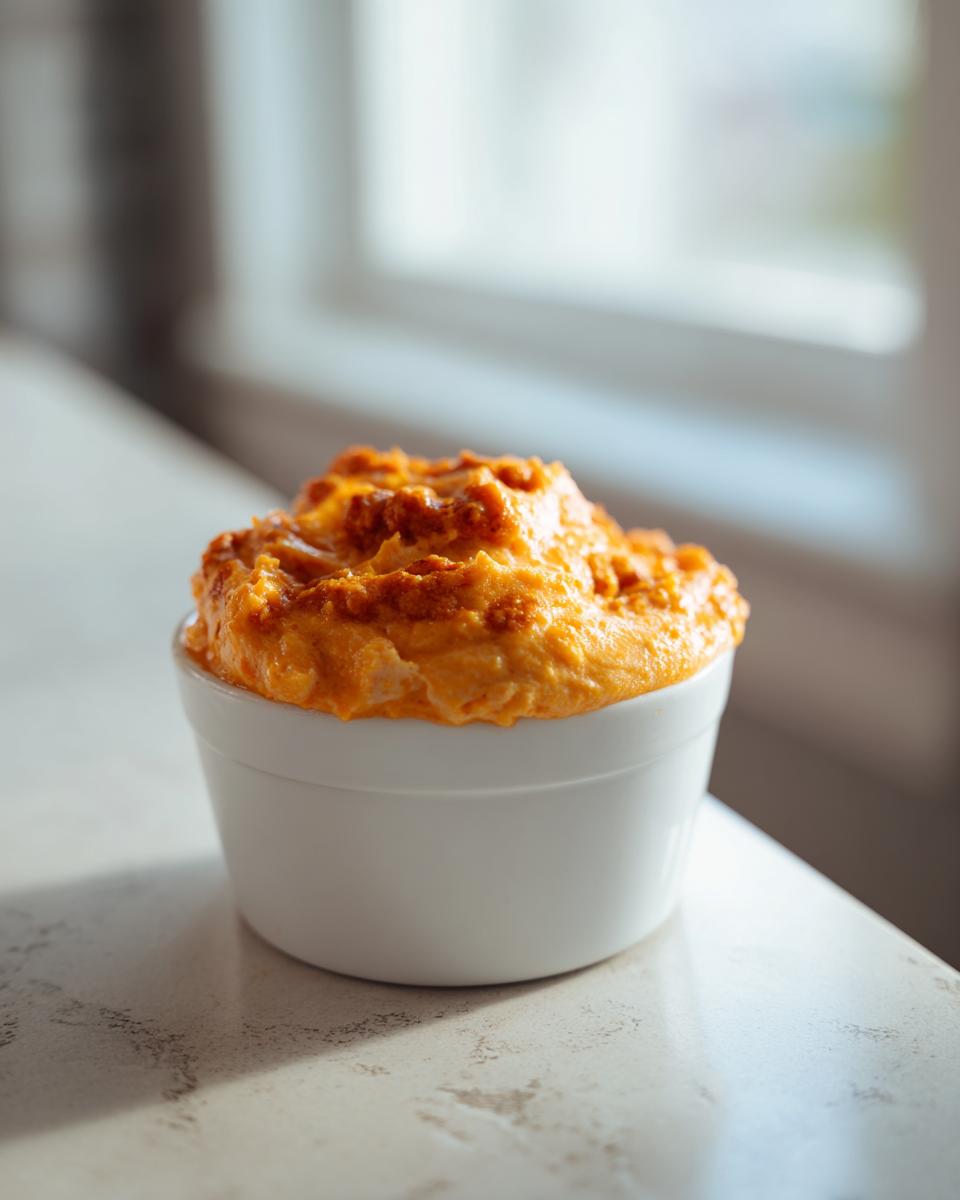 A small white ramekin filled with warm, orange chili cheese dip, set on a light countertop.