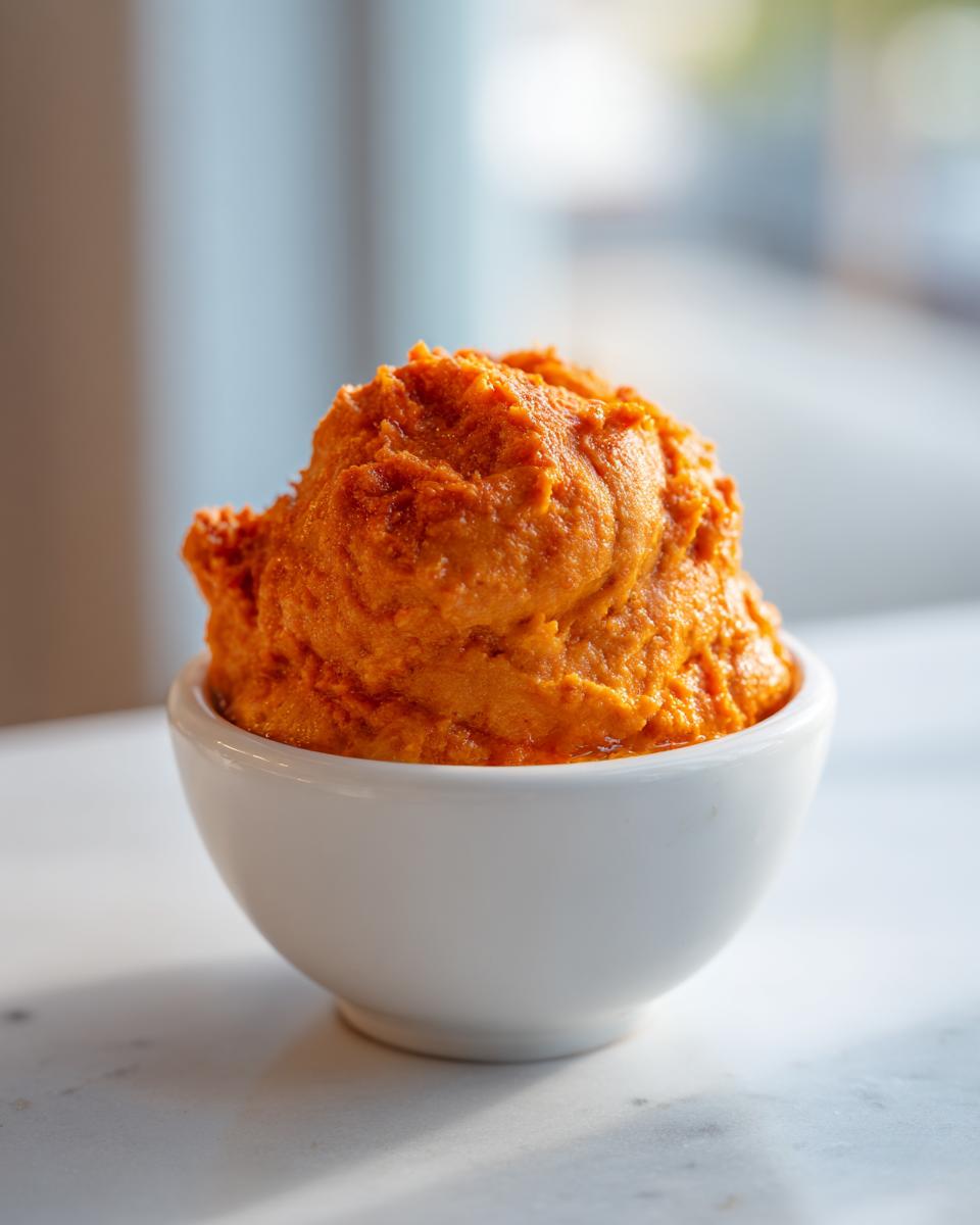 A small white bowl filled with a mound of bright orange, thick chili cheese dip, set on a light marble surface.