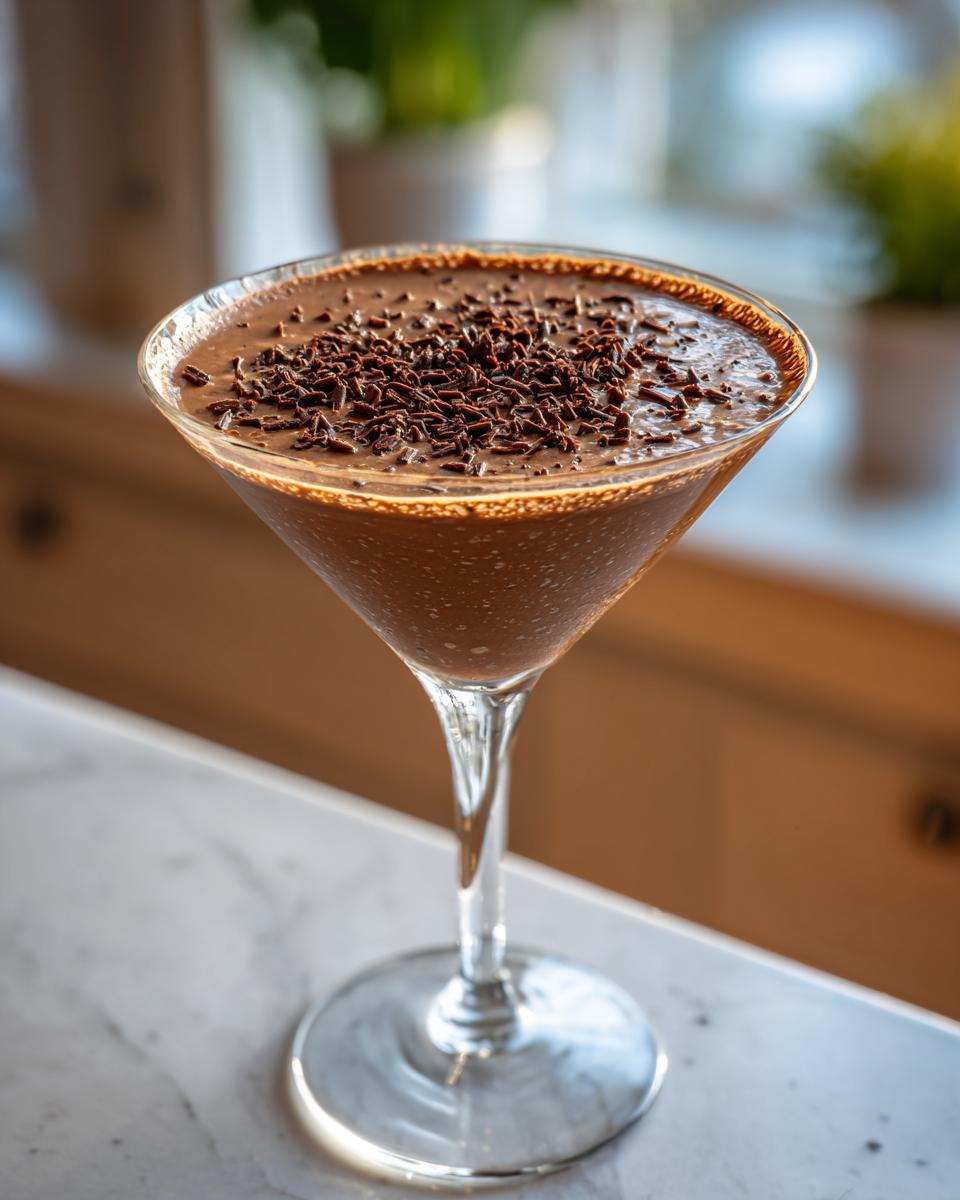 A rich, creamy chocolate martini served in a stemmed glass, topped generously with dark chocolate shavings.