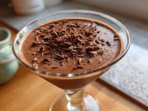 Close-up of a creamy chocolate martini in a glass, garnished with dark chocolate shavings.