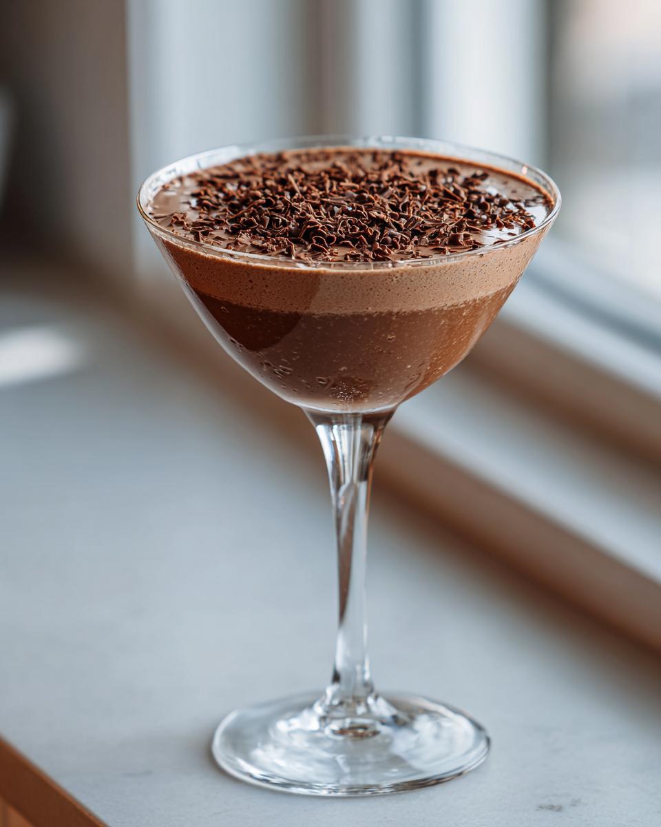 A creamy, layered chocolate martini garnished heavily with dark chocolate shavings in a coupe glass.