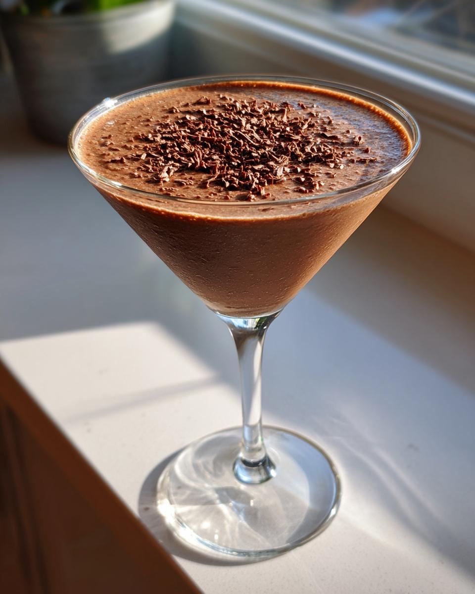 A creamy, rich chocolate martini in a stemmed glass, garnished with dark chocolate shavings.
