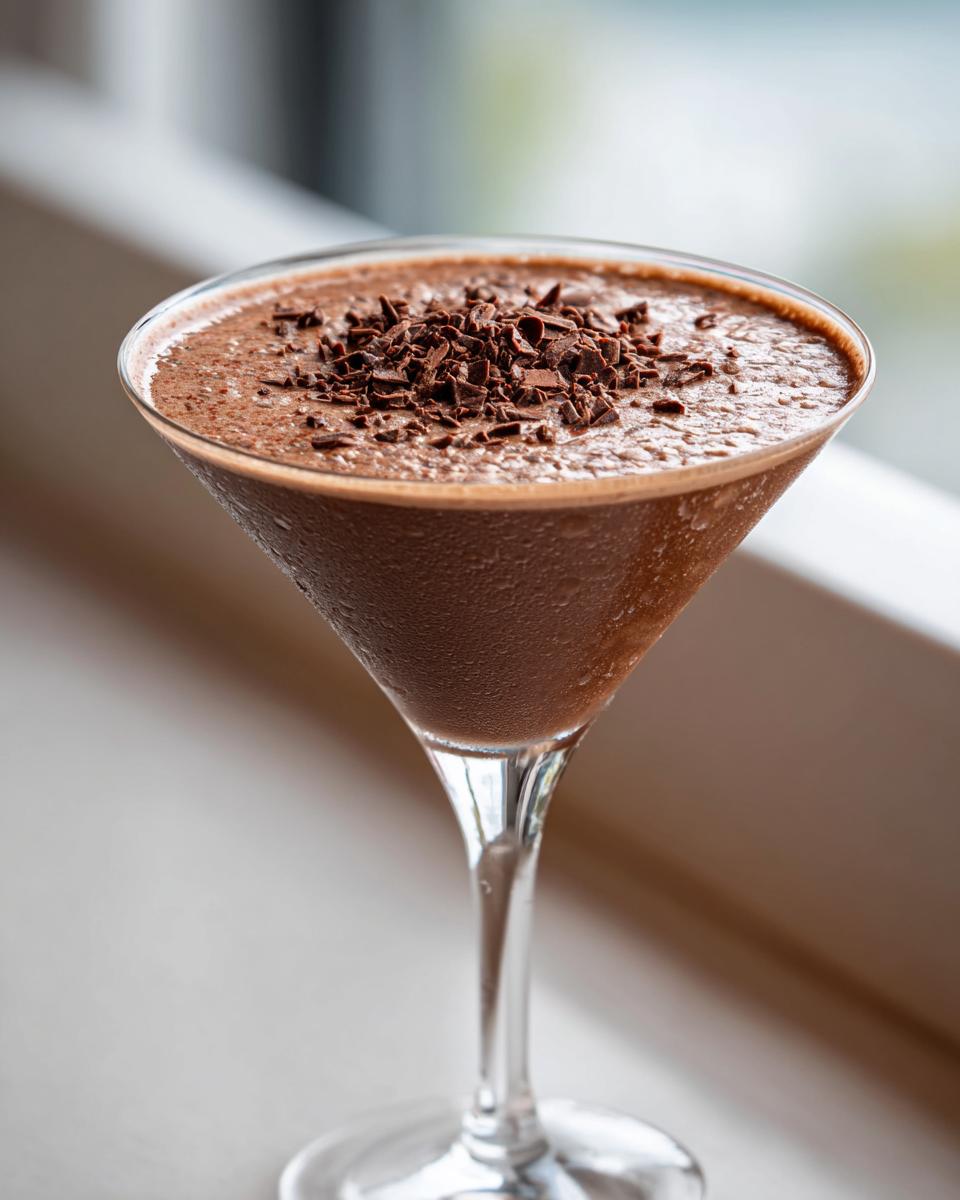 A frosty chocolate martini in a coupe glass, garnished with dark chocolate shavings.