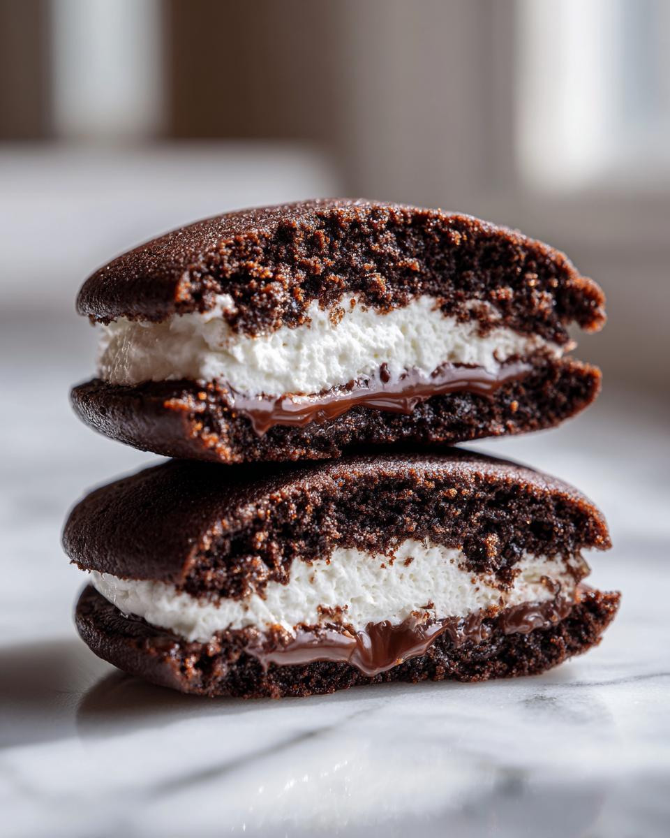 Two halves of chocolate whoopie pies stacked, showing rich dark cake, white cream, and melted chocolate filling.