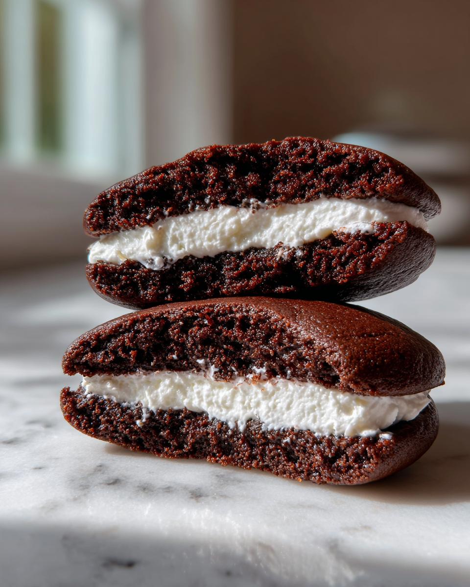 Two halves of a chocolate whoopie pies stacked, showing the rich dark cake and thick white cream filling.
