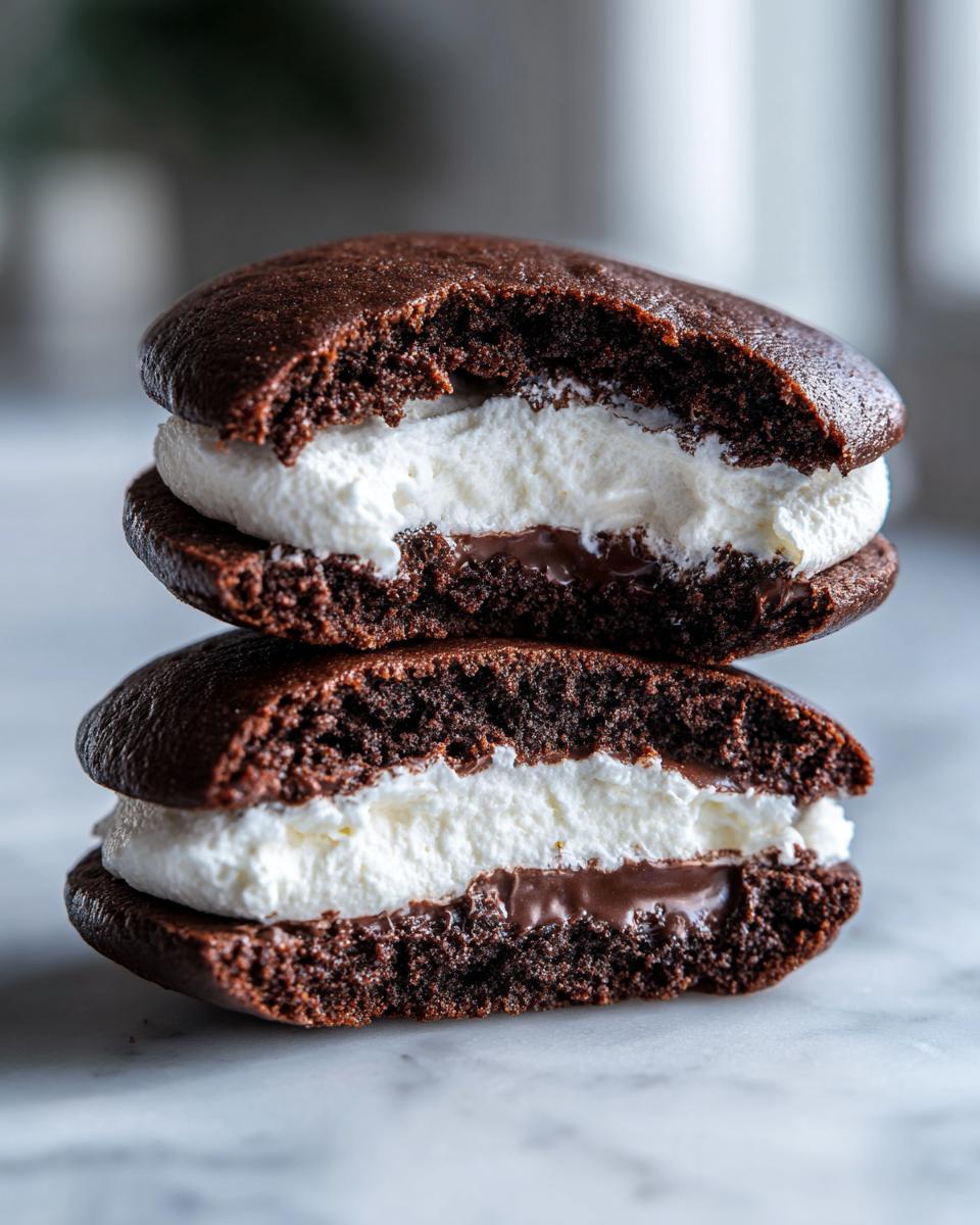 Two chocolate whoopie pies stacked, cut in half to show the white cream and chocolate filling.