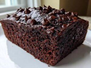 A close-up of a rich, dark chocolate zucchini bread loaf topped with melted chocolate chips.