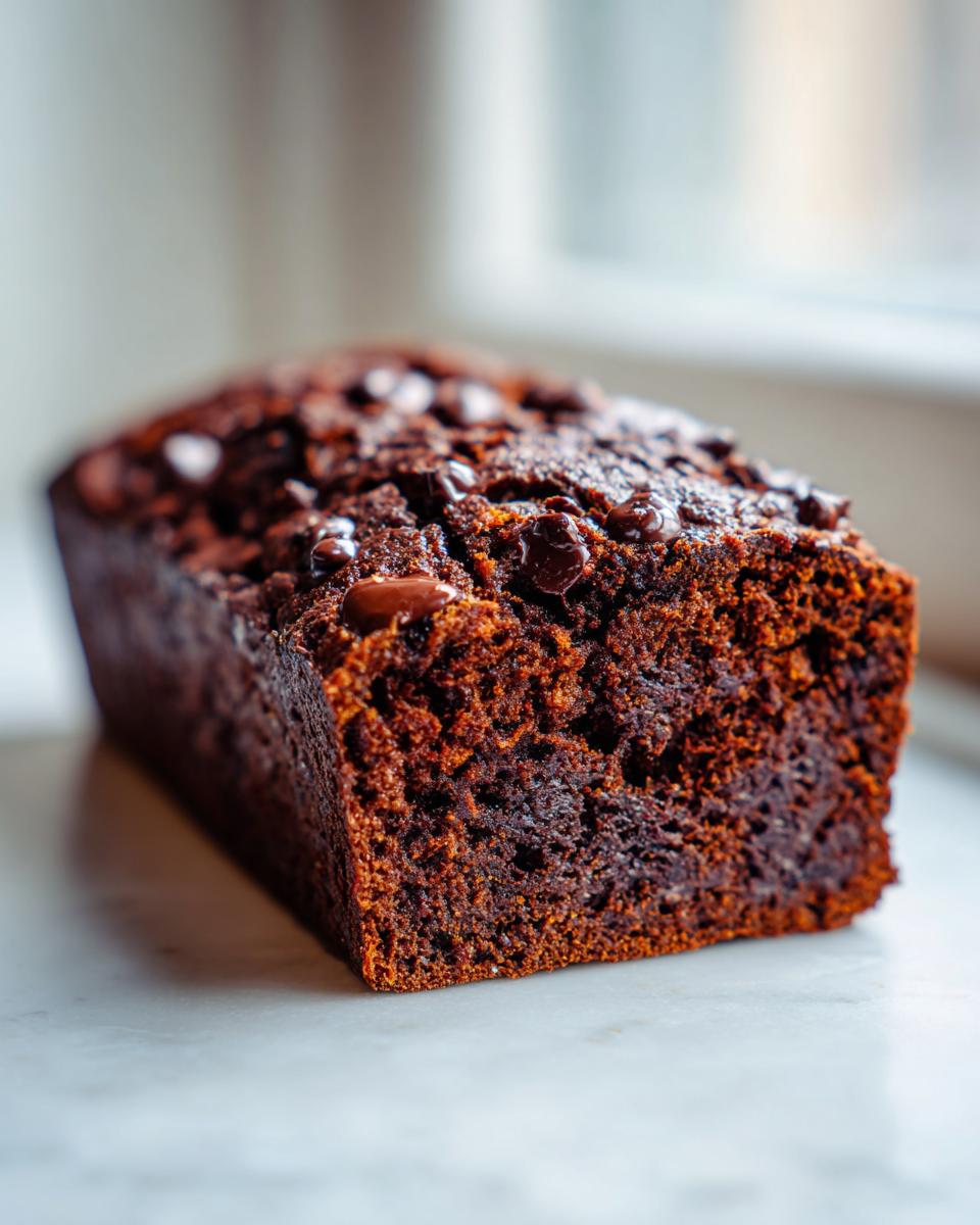A close-up of a freshly baked, dark chocolate zucchini bread loaf topped with melted chocolate chips.