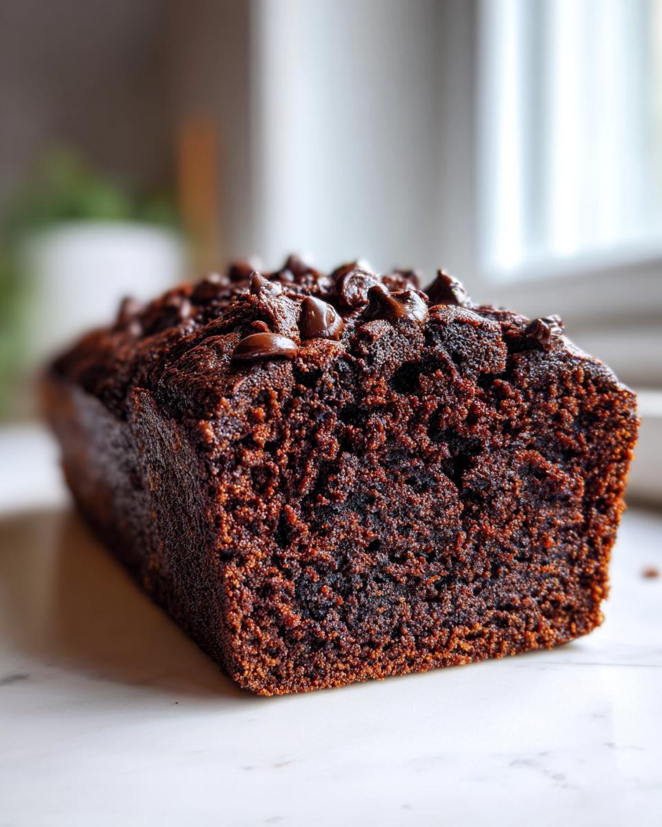 Close-up of a dark, moist loaf of chocolate zucchini bread topped with melted chocolate chips.