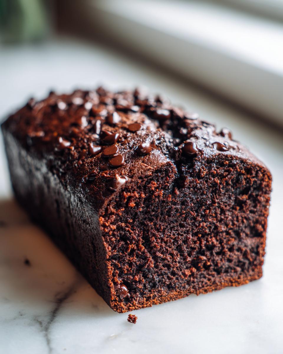 A close-up of a freshly baked, dark chocolate zucchini bread loaf topped with chocolate chips.