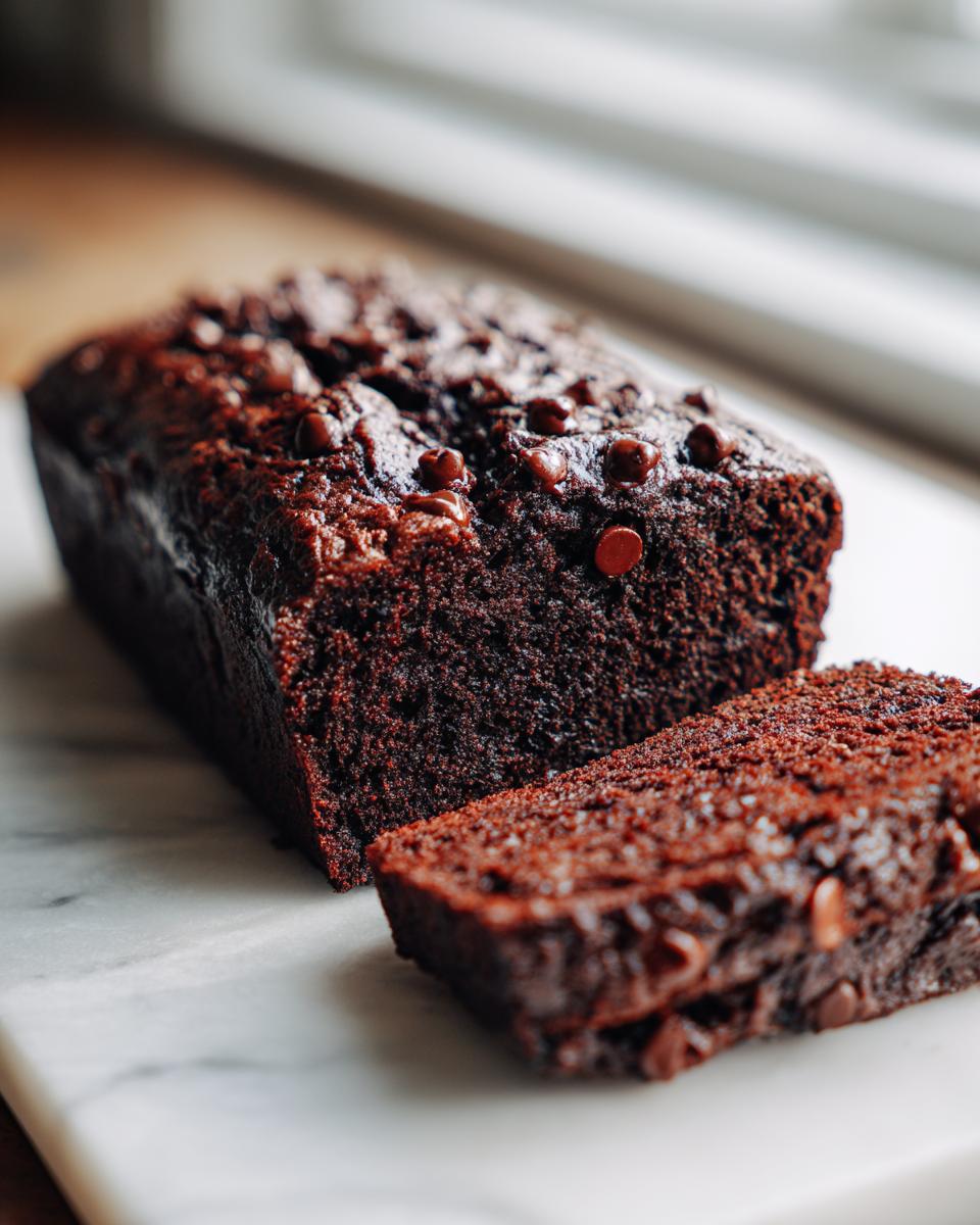 A rich, dark chocolate zucchini bread loaf with one slice cut and resting beside it on a marble surface.