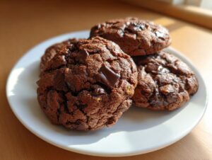 A stack of four rich, dark chocolate zucchini cookies with melted chocolate chips on a white plate.