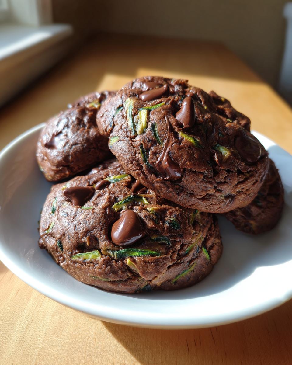 A stack of rich, dark chocolate zucchini cookies topped with melted chocolate chips on a white plate.