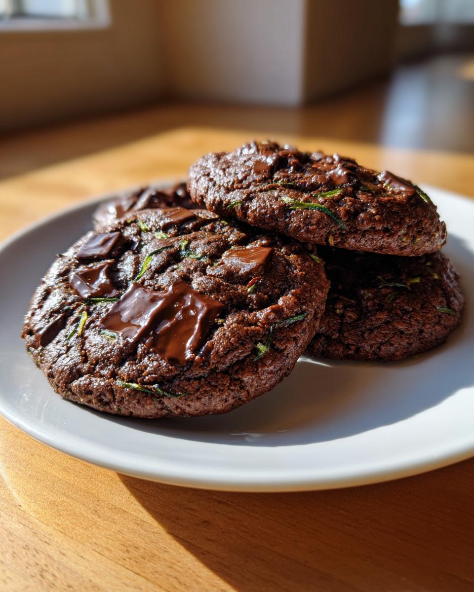 Close-up of several rich, dark chocolate zucchini cookies stacked on a white plate, showing visible shreds of green zucchini.