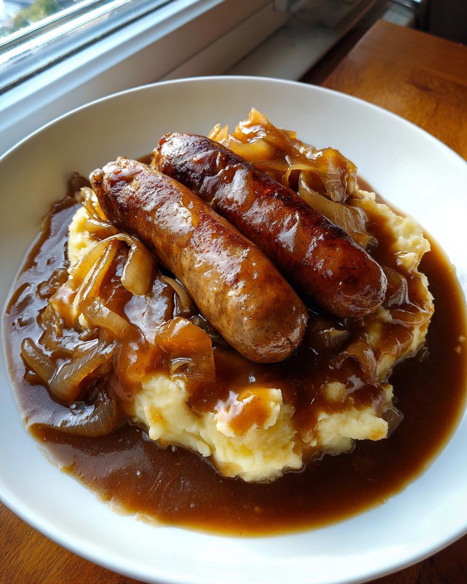 Two browned sausages served over creamy mashed potatoes, smothered in onion gravy, making a perfect bangers and mash dish.