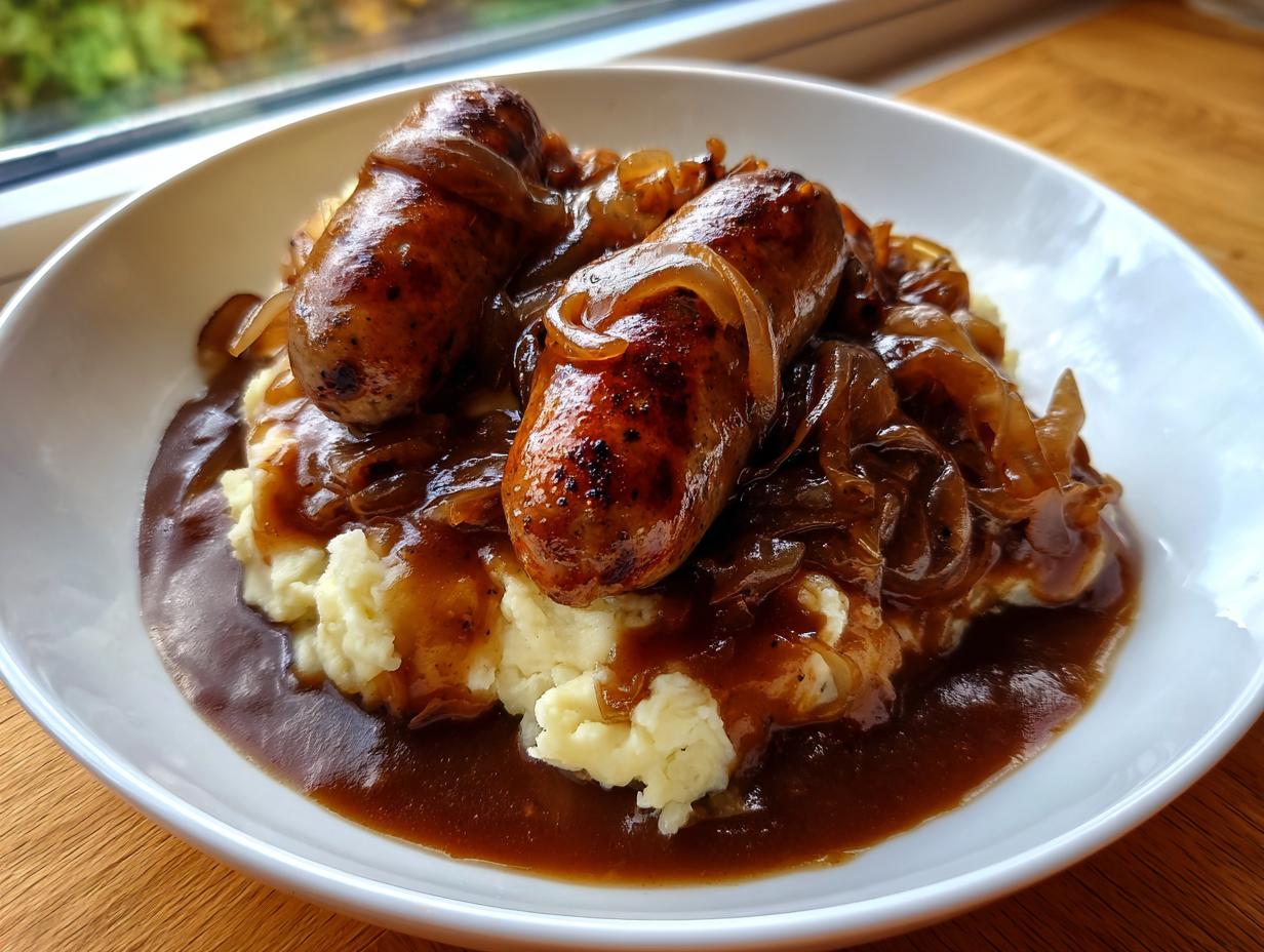 Two browned sausages served over creamy mashed potatoes, smothered in onion gravy for classic bangers and mash.