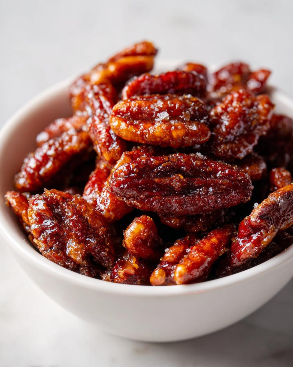 Close-up shot of shiny, dark brown candied pecans coated in crystallized sugar, piled high in a small white bowl.
