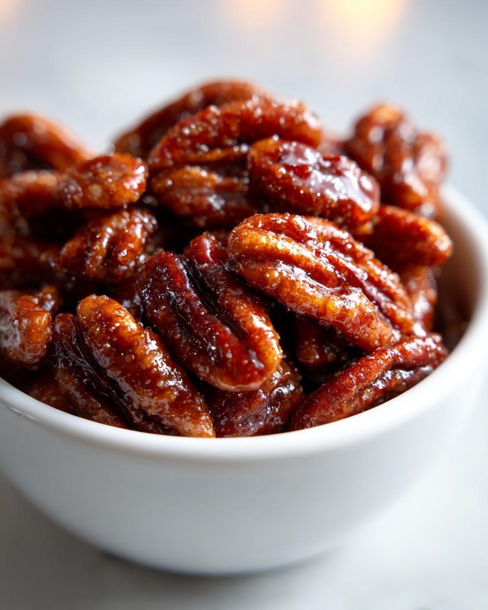 A close-up shot of glossy, dark brown candied pecans piled high in a small white serving bowl.
