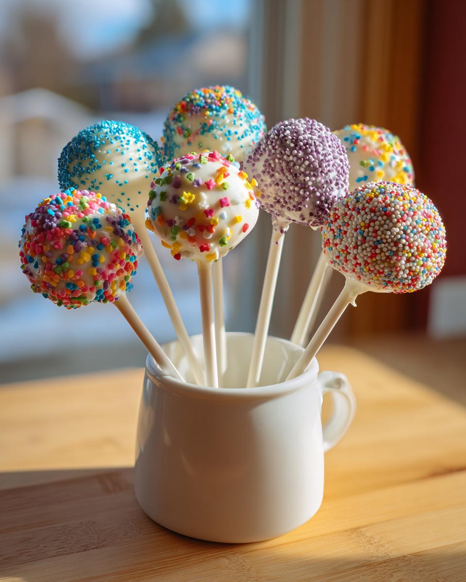 A bouquet of colorful, sprinkle-covered cake pops standing upright in a white mug.