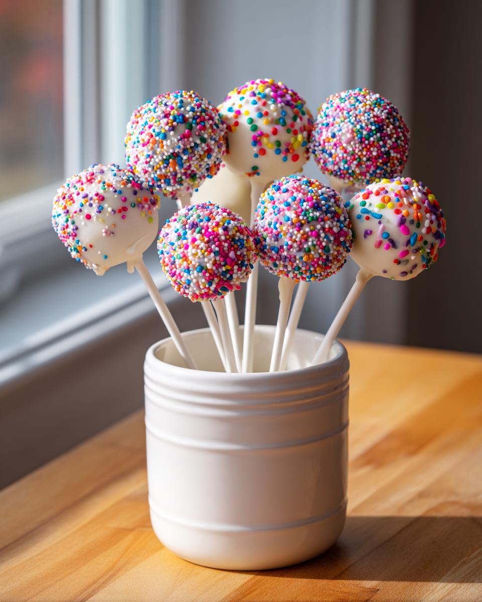 A bouquet of white chocolate-dipped cake pops covered in rainbow sprinkles, standing in a white ceramic holder.