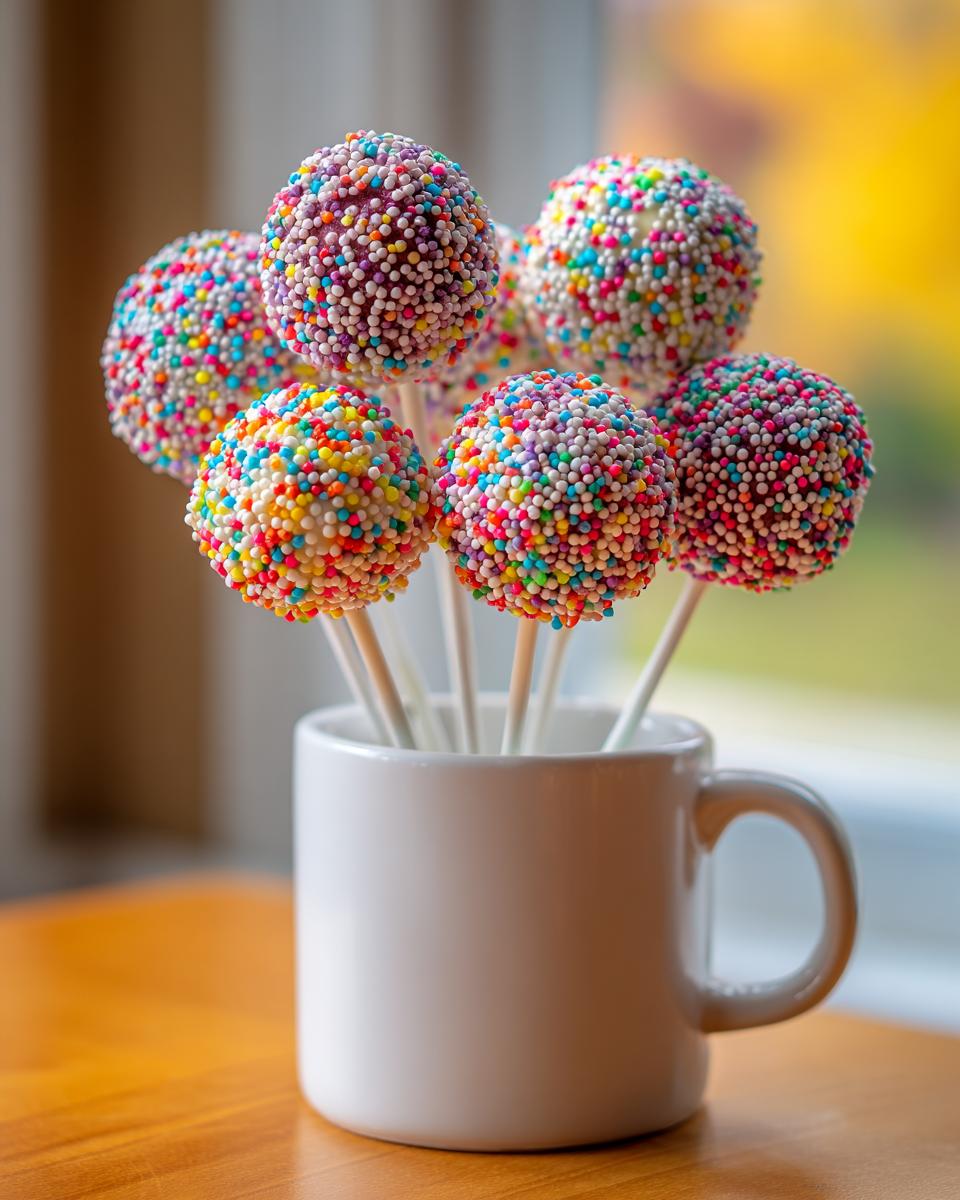 A bouquet of vibrant, multi-colored sprinkled cake pops displayed upright in a white ceramic mug.