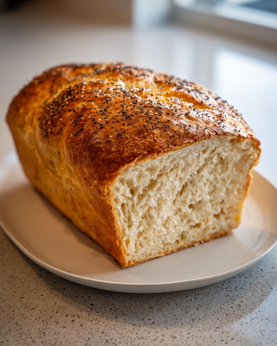 A freshly baked loaf of cottage cheese bread, sliced to show the soft interior and topped with poppy seeds.