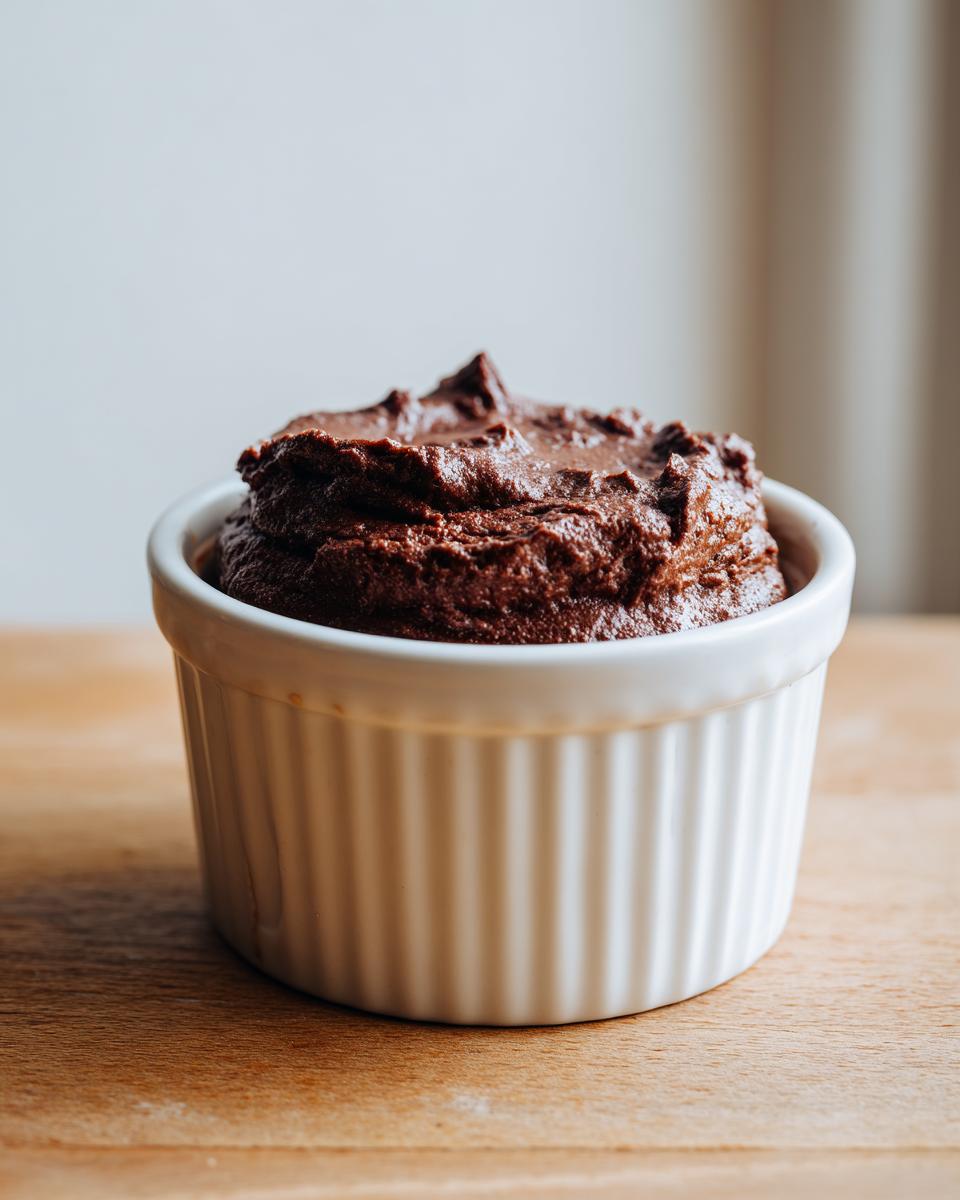 A single serving of rich, dark cottage cheese chocolate mousse in a white fluted ramekin.