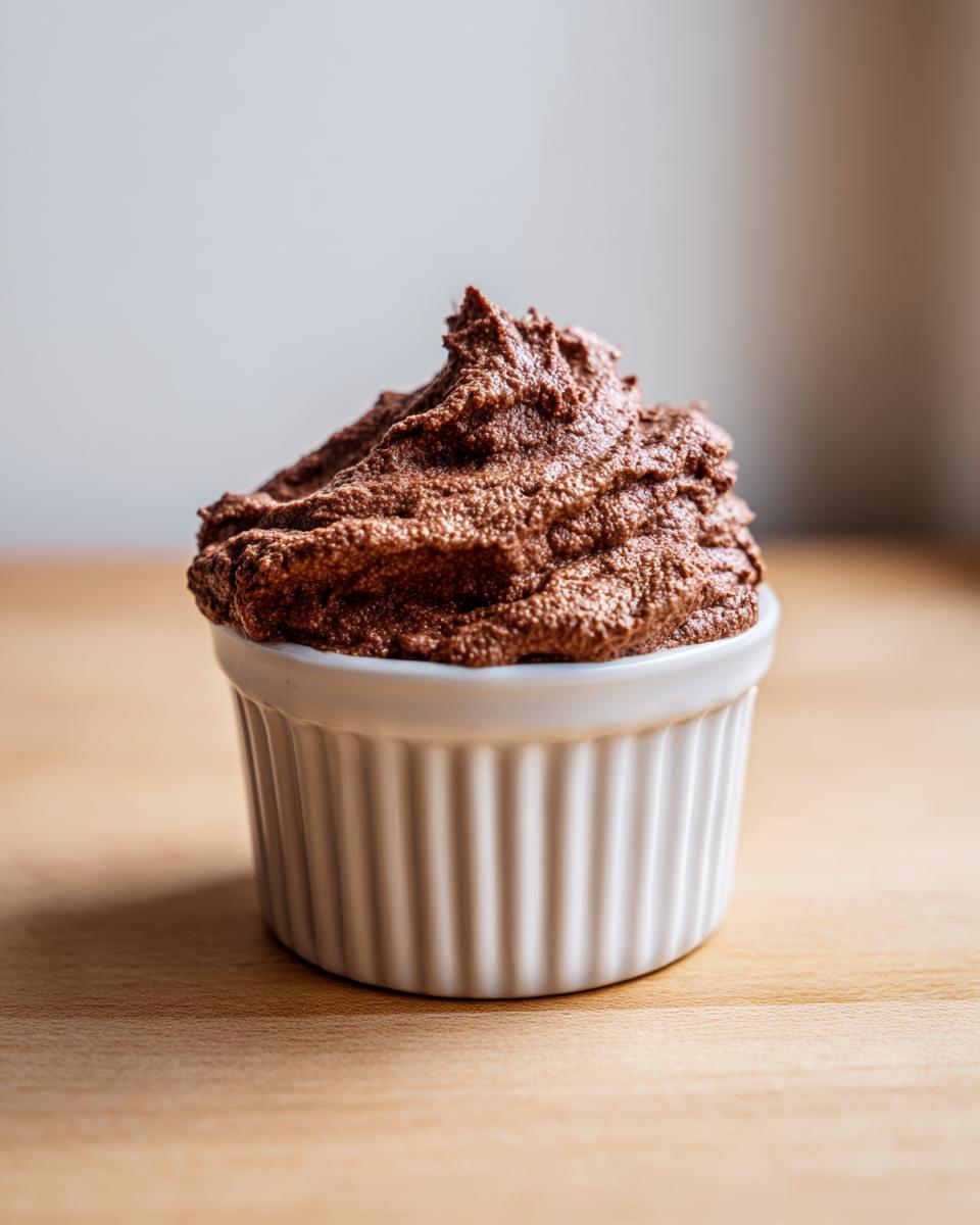 A single serving of rich, dark brown cottage cheese chocolate mousse piped into a white fluted ramekin.