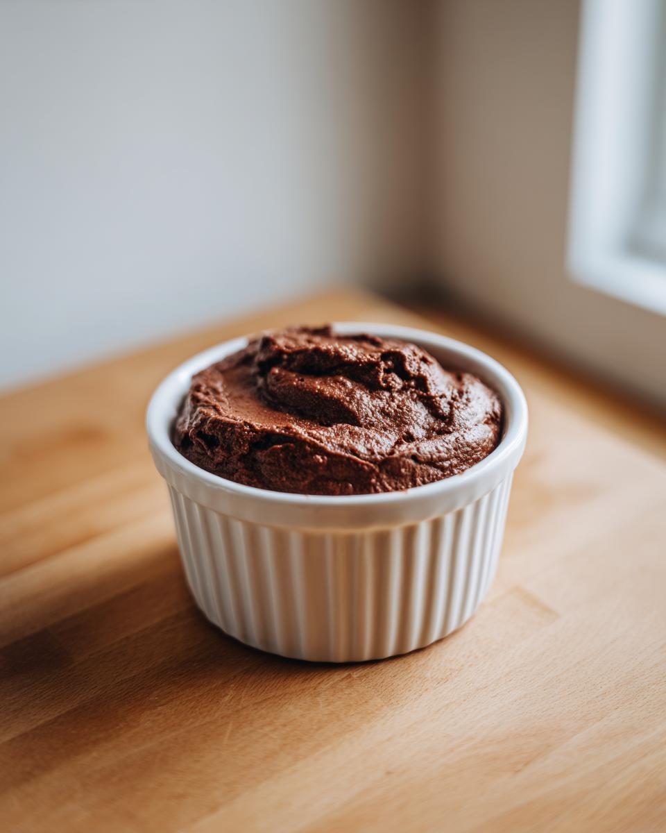 A single serving of rich, dark cottage cheese chocolate mousse in a white ramekin.