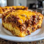 A close-up of a hearty slice of cowboy cornbread casserole topped with savory meat filling and melted cheddar cheese.