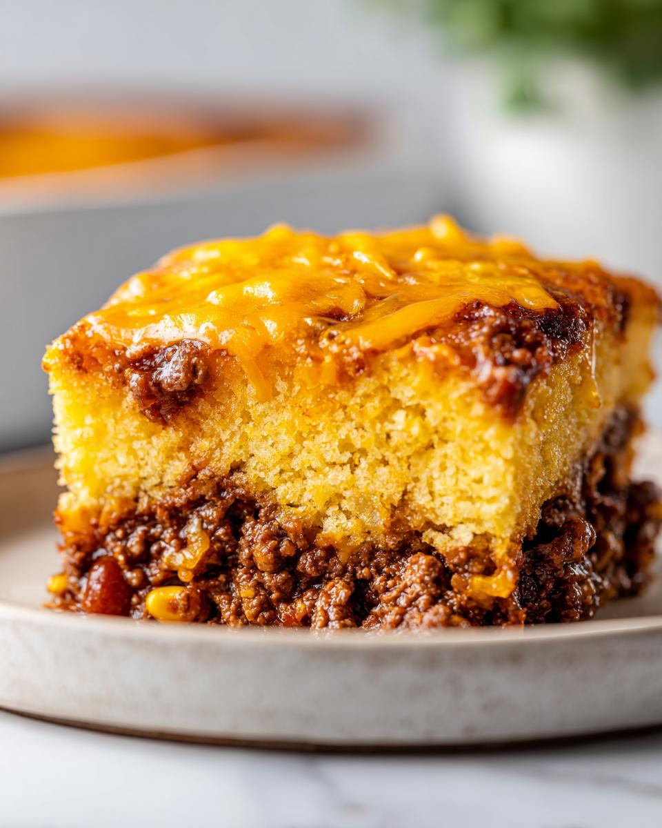 Close-up of a square slice of cowboy cornbread casserole showing a thick layer of seasoned ground meat filling topped with melted cheddar cheese.