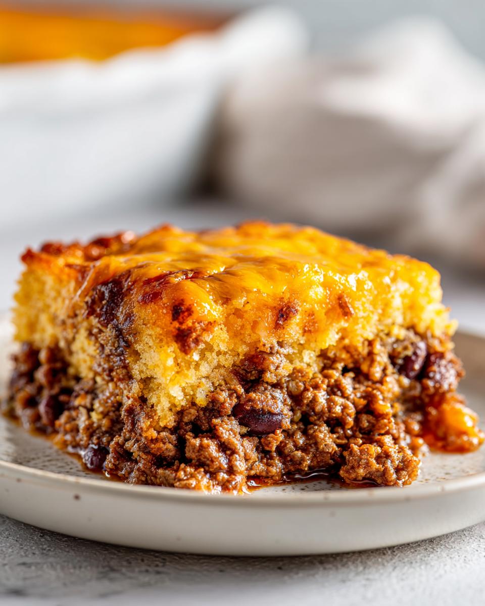 A close-up of a hearty slice of cowboy cornbread casserole featuring a layer of chili and topped with melted cheddar cheese.