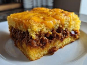 A close-up slice of cowboy cornbread casserole showing a layer of savory filling between two layers of cornbread, topped with melted cheddar cheese.