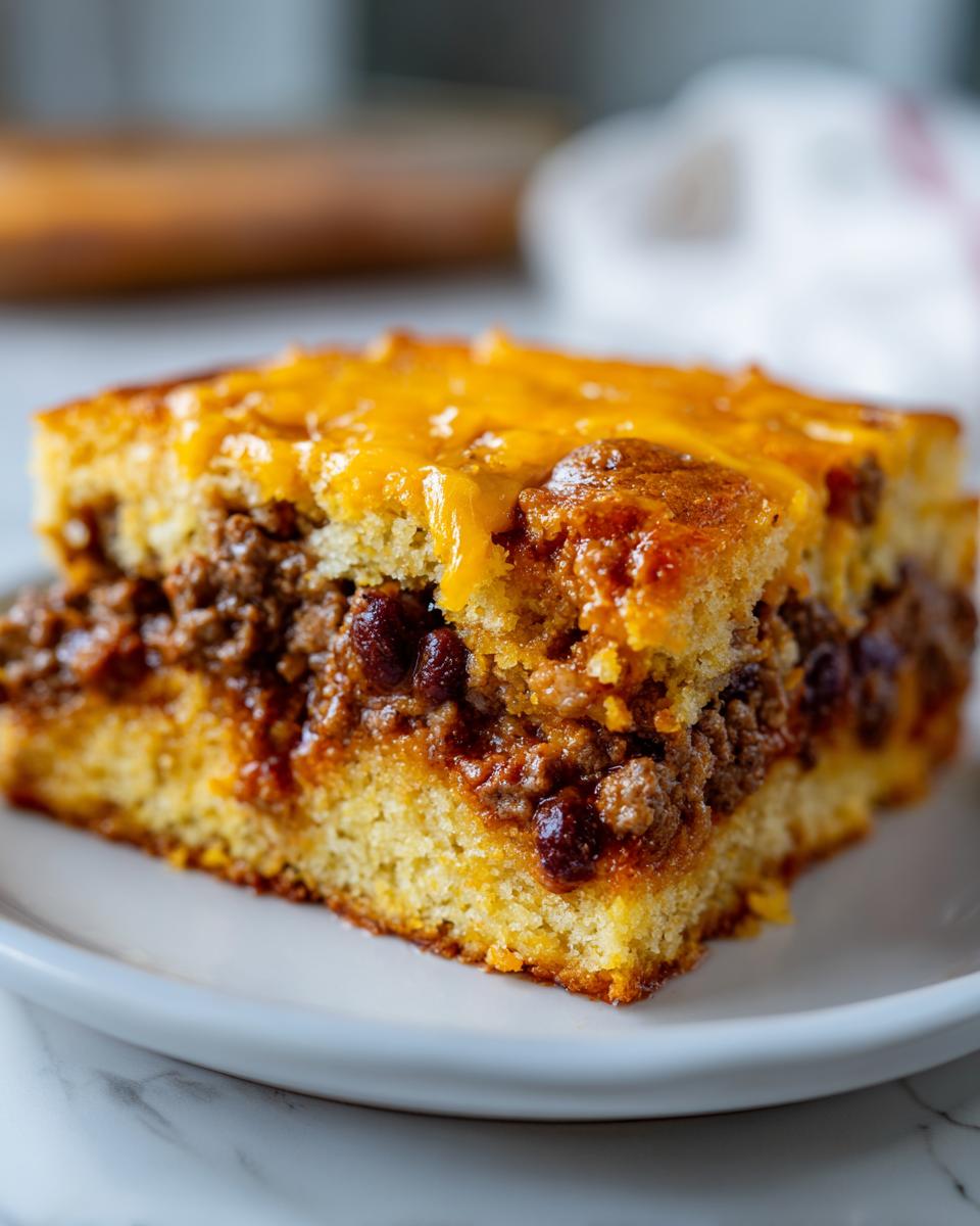 A close-up of a square slice of cowboy cornbread casserole showing layers of cornbread, chili meat, and melted cheddar cheese.