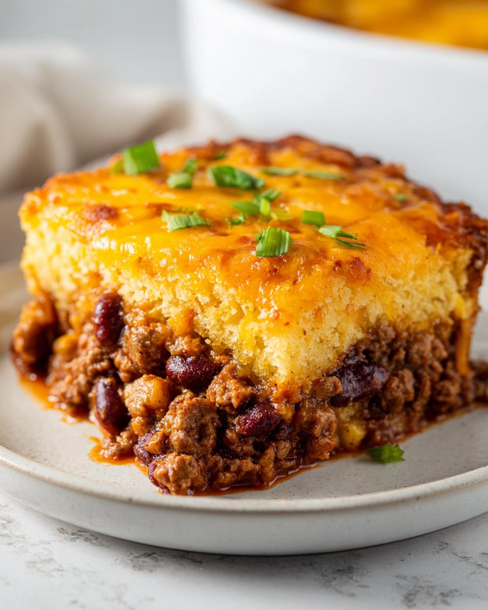 A close-up serving of cowboy cornbread casserole featuring a thick layer of chili and beans topped with melted cheddar cheese and green onions.