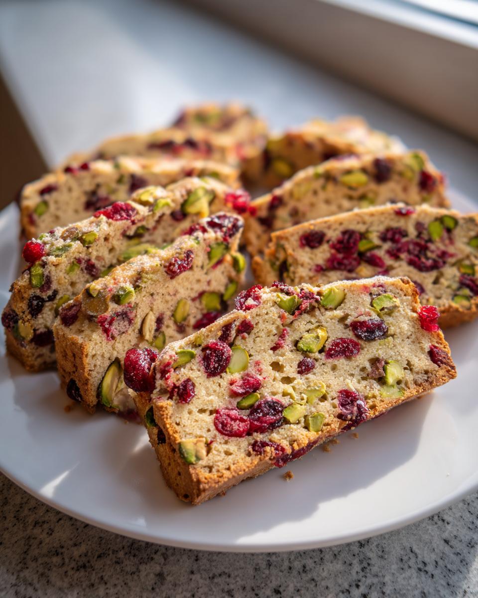 Close-up of several slices of cranberry pistachio biscotti loaded with red cranberries and green pistachios on a white plate.
