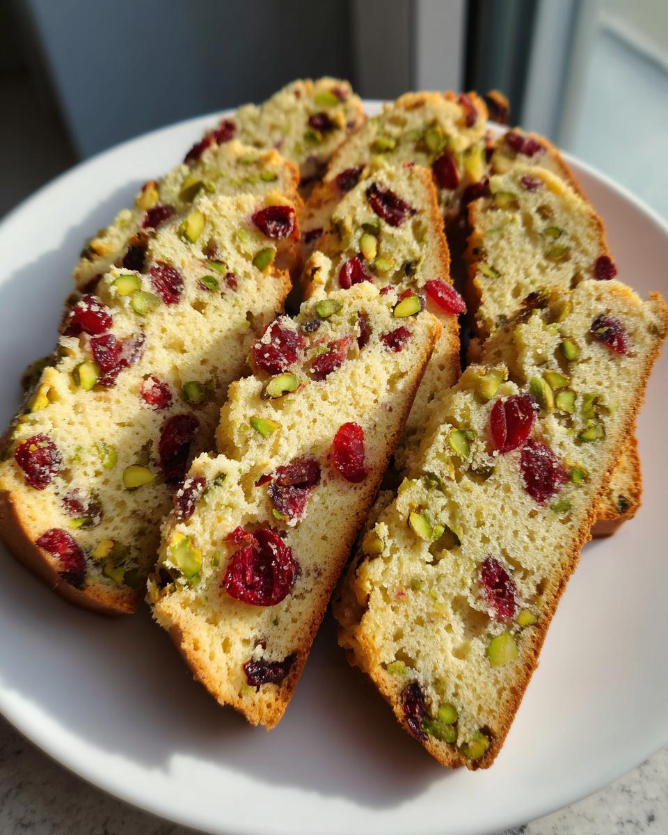 Close-up of several slices of cranberry pistachio biscotti arranged on a white plate, showing bright red cranberries and green pistachios.