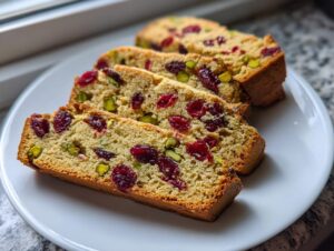 Three slices of golden cranberry pistachio biscotti, showing visible dried cranberries and green pistachios, arranged on a white plate.