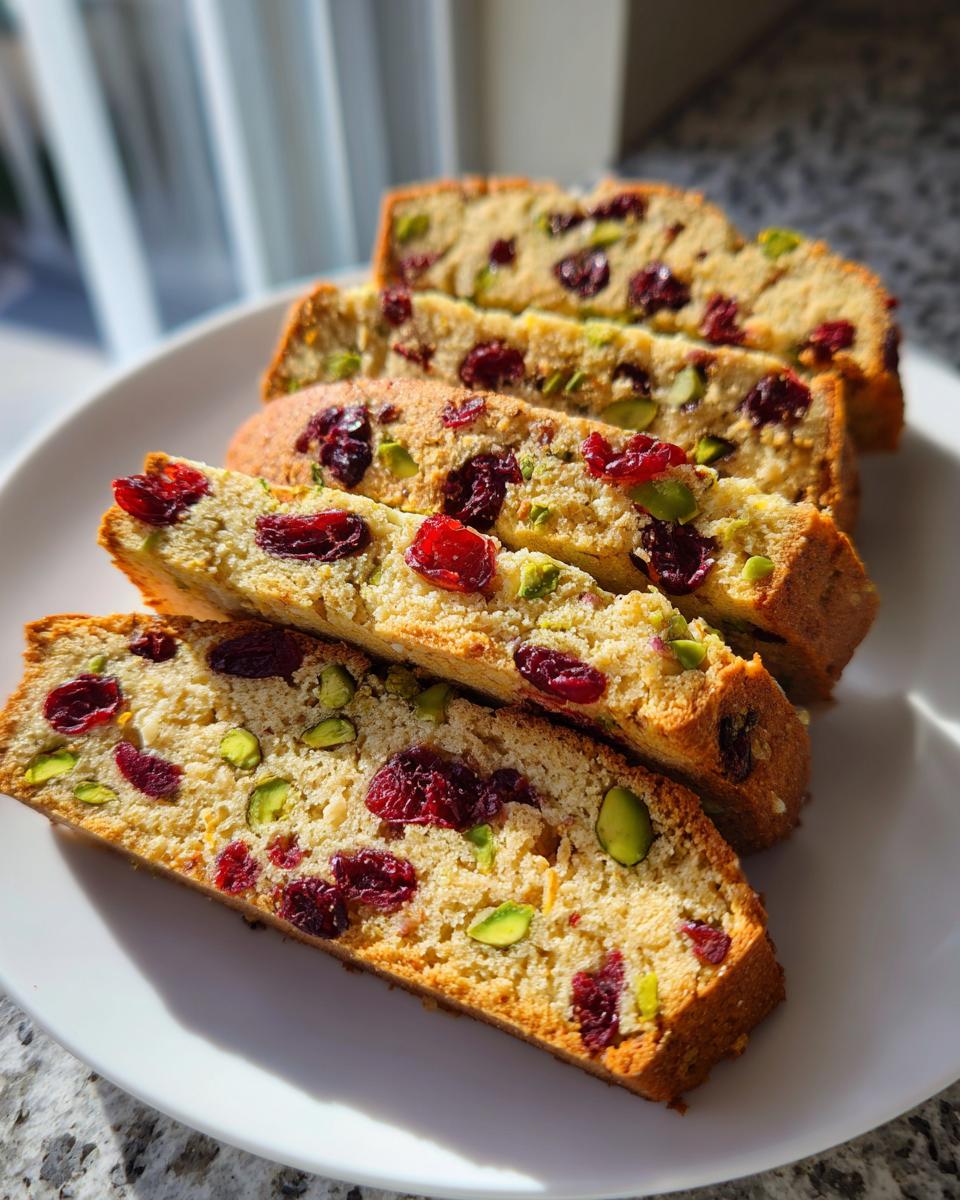 Close-up of four slices of golden cranberry pistachio biscotti stacked on a white plate.
