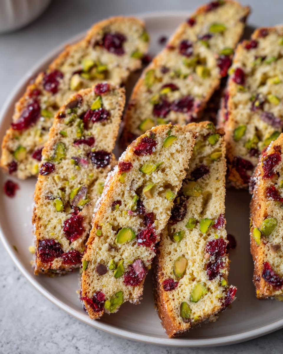 Slices of freshly baked cranberry pistachio biscotti arranged on a light plate, showing visible green pistachios and red dried cranberries.