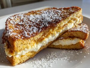 Two halves of golden brown cream cheese stuffed french toast stacked and dusted heavily with powdered sugar.