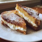 Two halves of golden brown cream cheese stuffed french toast dusted generously with powdered sugar on a white plate.