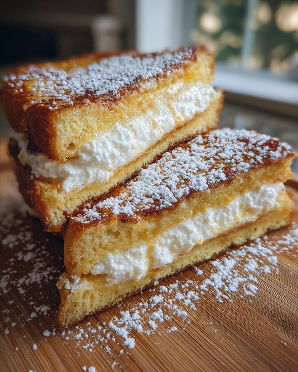 Two halves of golden brown cream cheese stuffed french toast, generously dusted with powdered sugar.