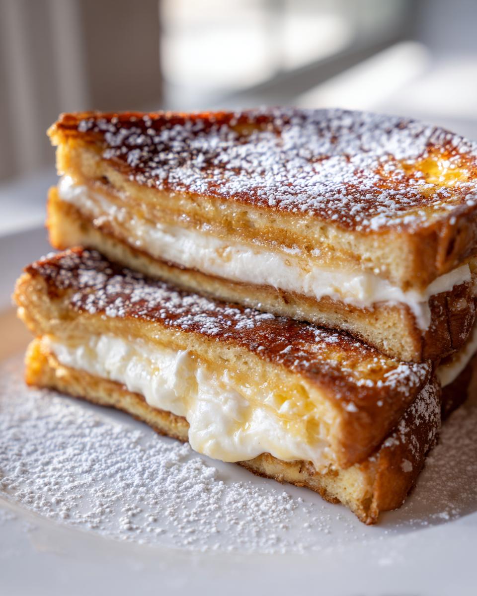 Two halves of golden brown cream cheese stuffed french toast stacked, dusted with powdered sugar.