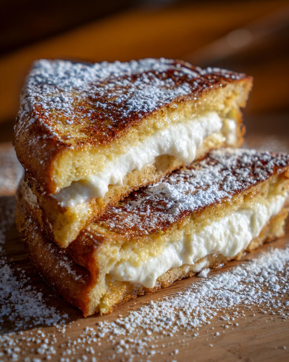 Two halves of golden brown cream cheese stuffed french toast stacked and dusted with powdered sugar.