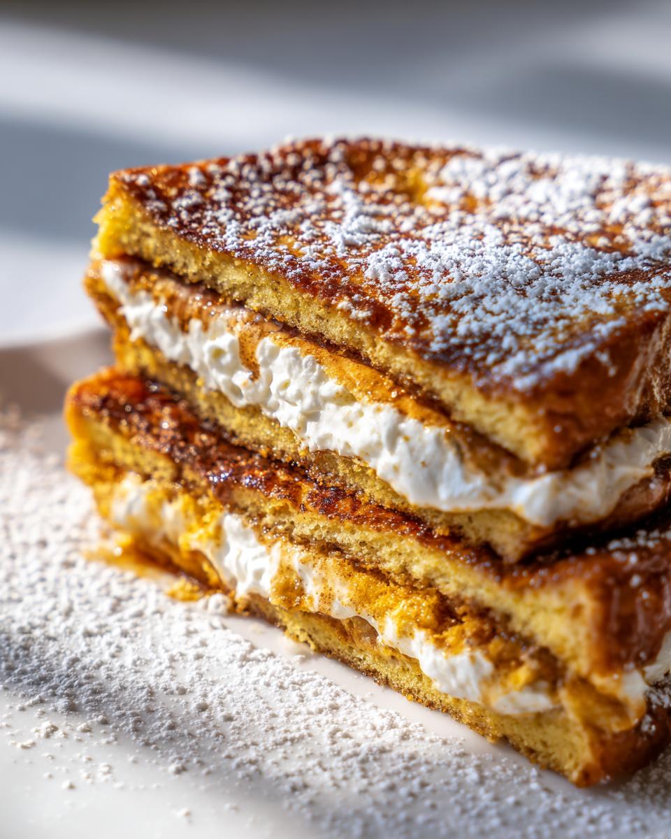 Two stacked slices of golden brown cream cheese stuffed french toast, generously dusted with powdered sugar.