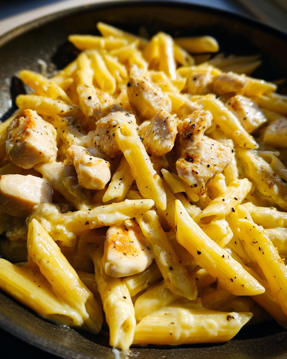 Close-up of creamy penne pasta mixed with seasoned, cubed chicken pieces in a dark bowl.