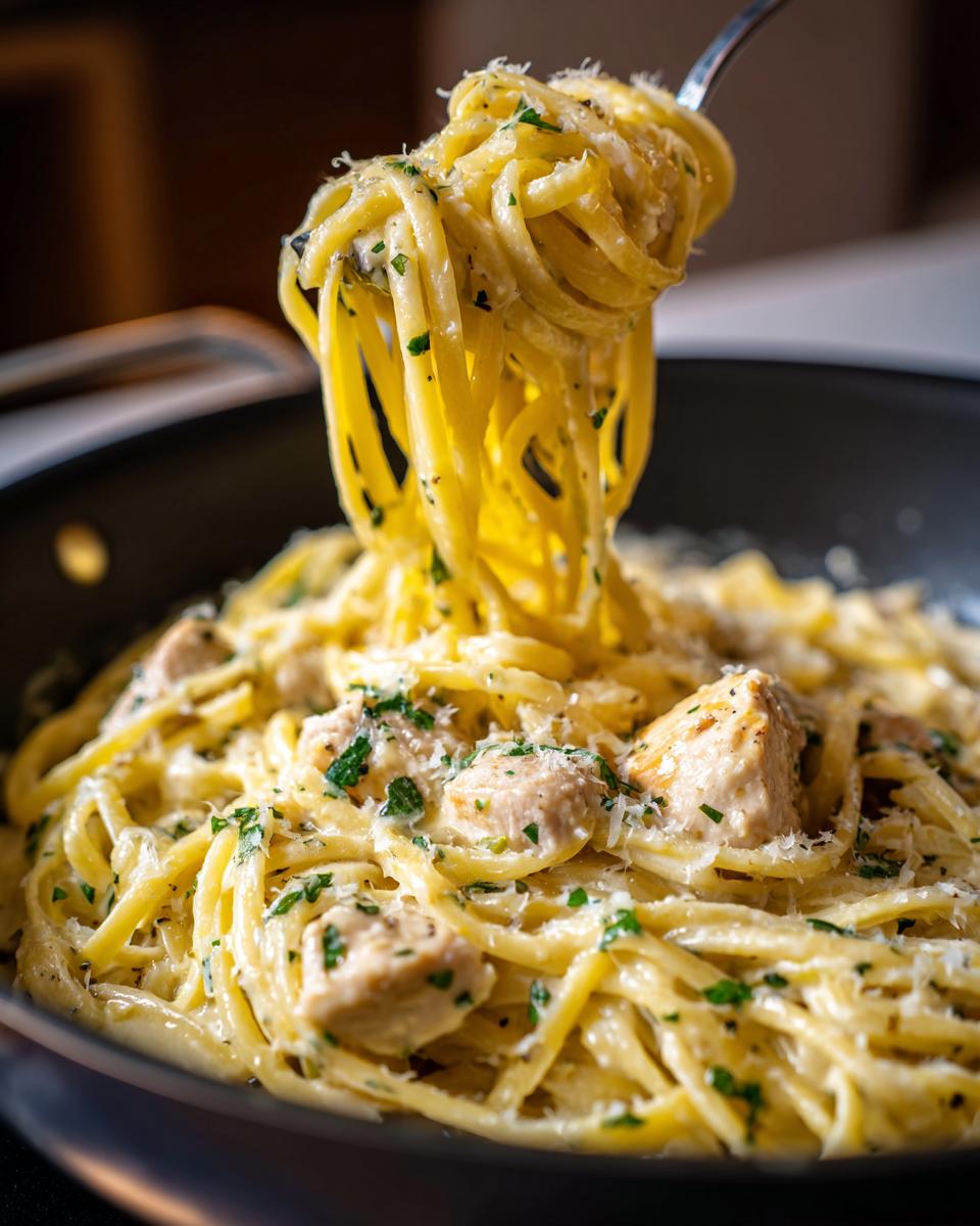 A fork lifts a twirl of creamy spaghetti from a pan of chicken pasta topped with parsley and Parmesan.