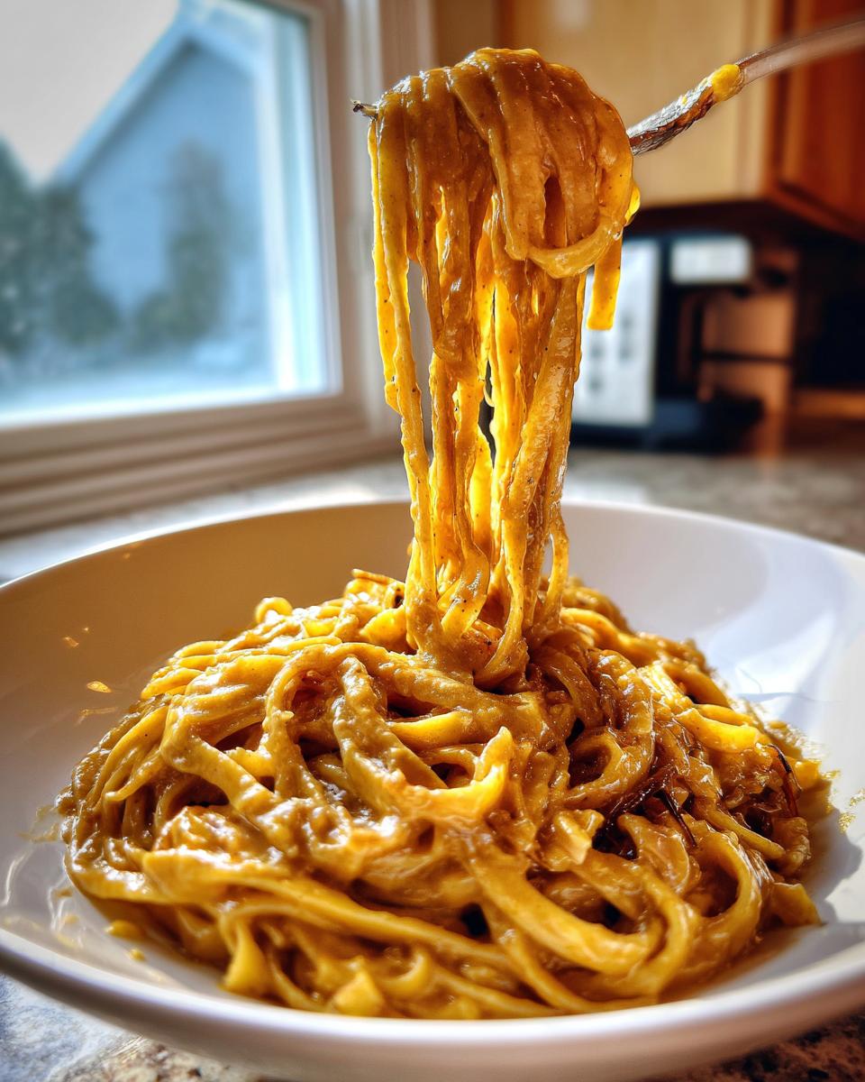 Close-up of creamy caramelized onion pasta being lifted high from a white bowl with a fork.
