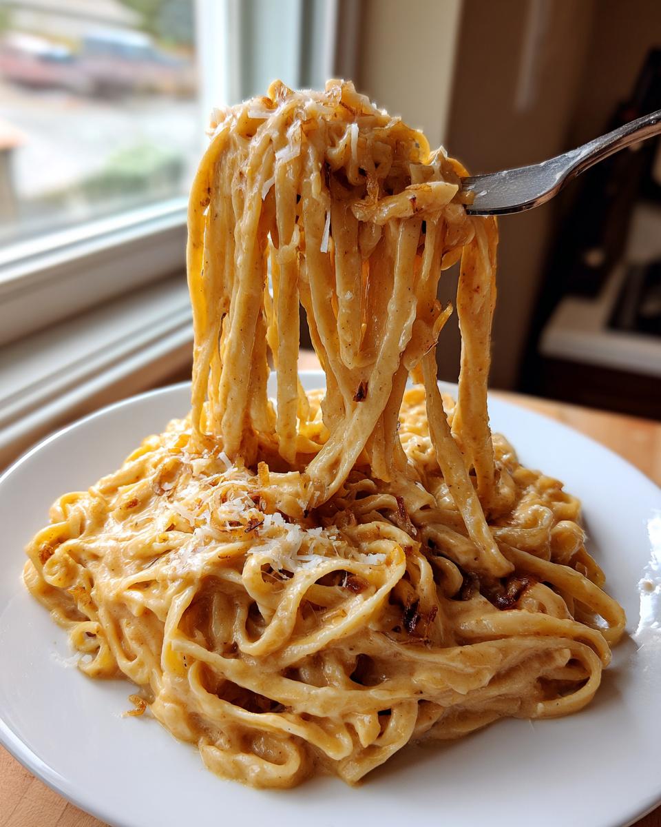 A fork lifts a generous portion of creamy caramelized onion pasta from a white plate, showing rich sauce coating the noodles.